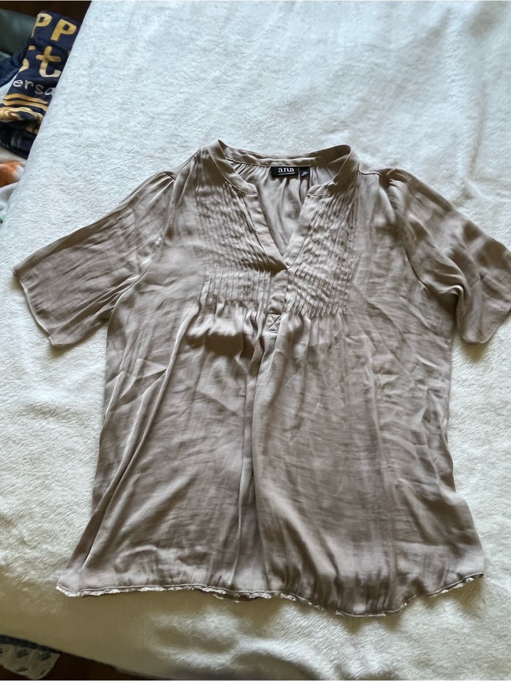 a.n.a Taupe Pintuck V-Neck Short Sleeve Blouse